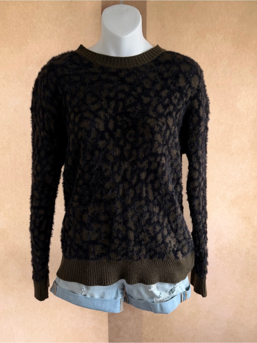 Hem & Thread Olive Green and Black Fuzzy Leopard-Print Crewneck Sweater